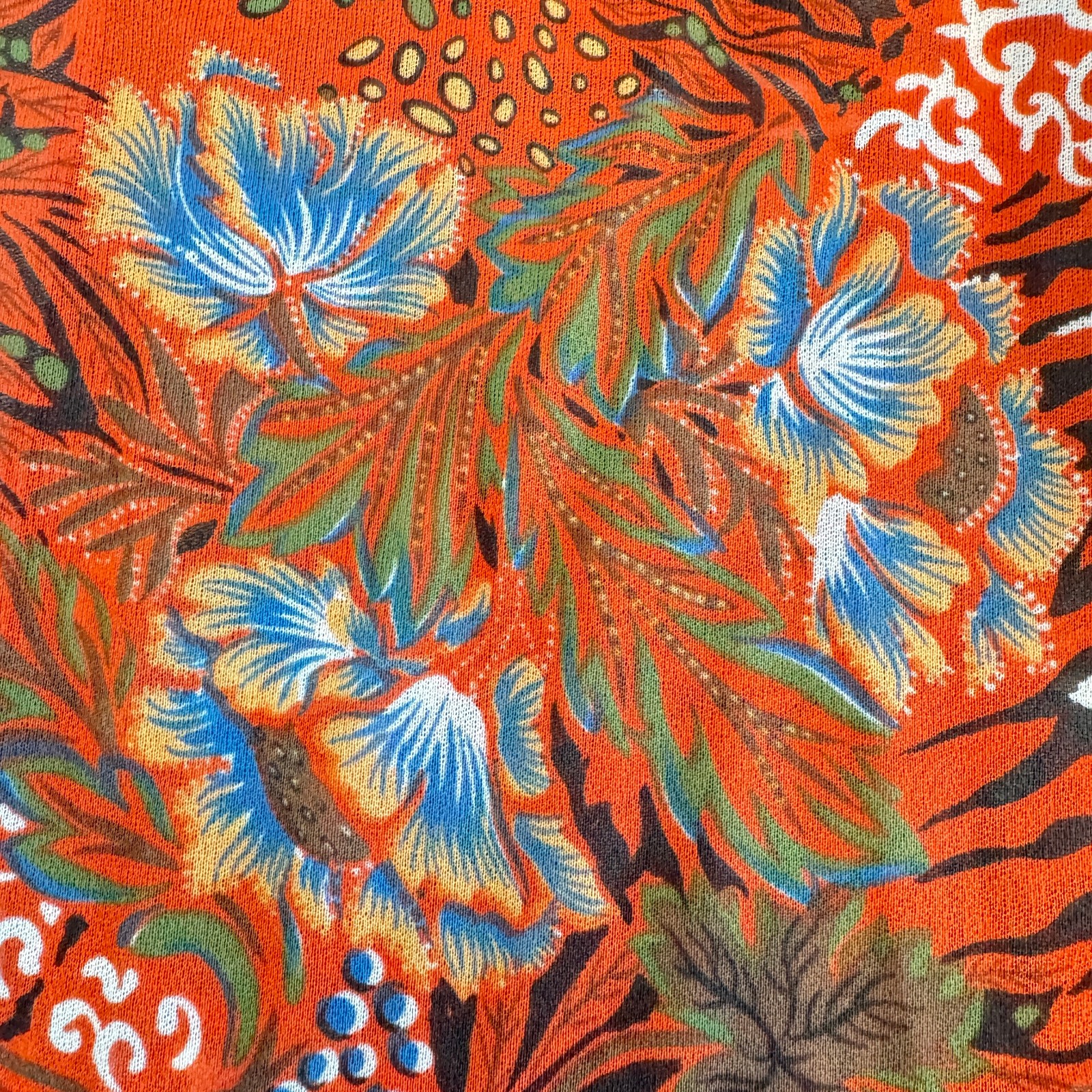 Vintage 70s Floral Psychedelic Blouse Top Orange Blue Women Size 44 See Through