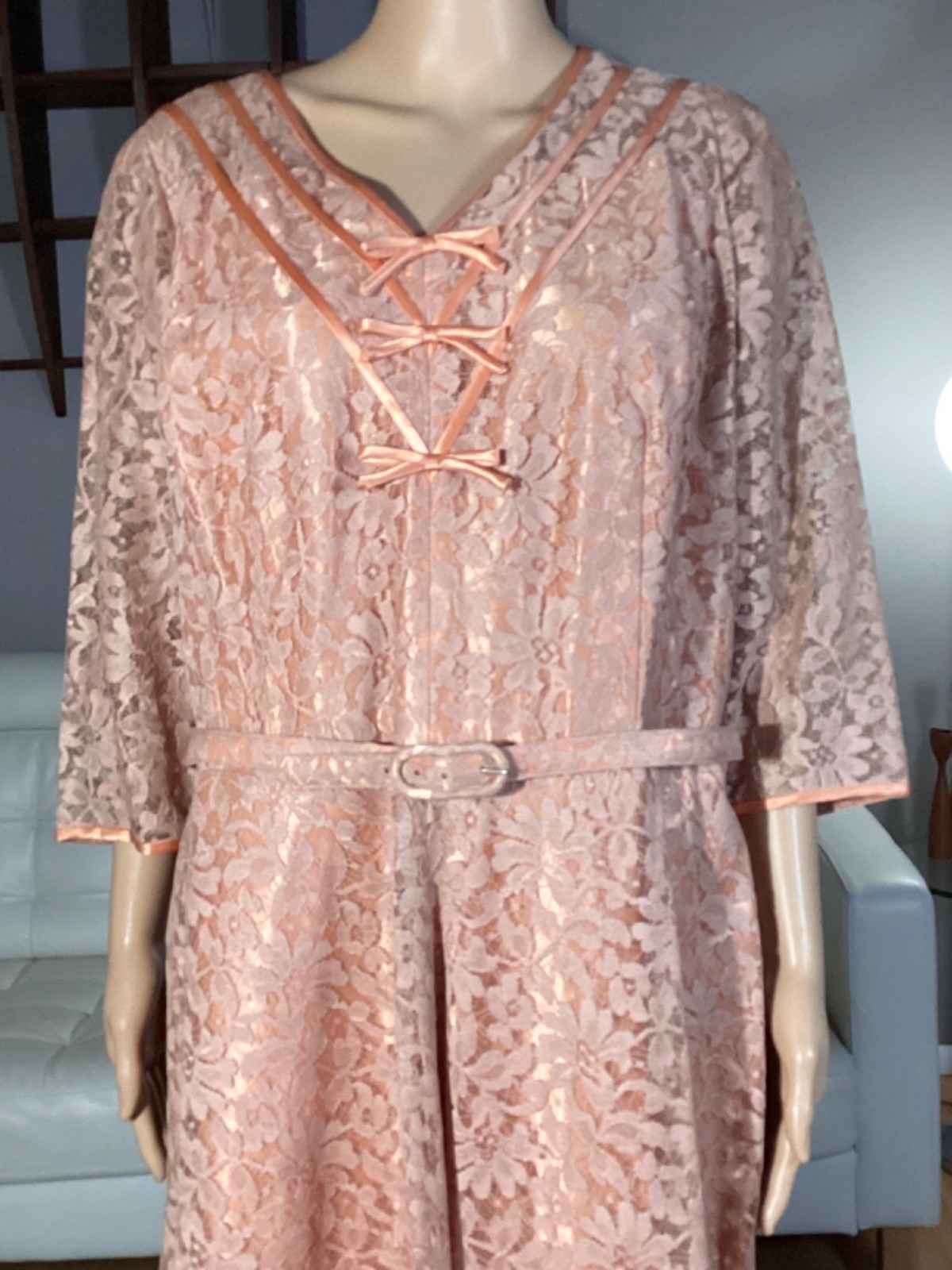 Vintage 50’s All Lace Over Apricot Satin Cocktail Party Dress XL Rockabilly