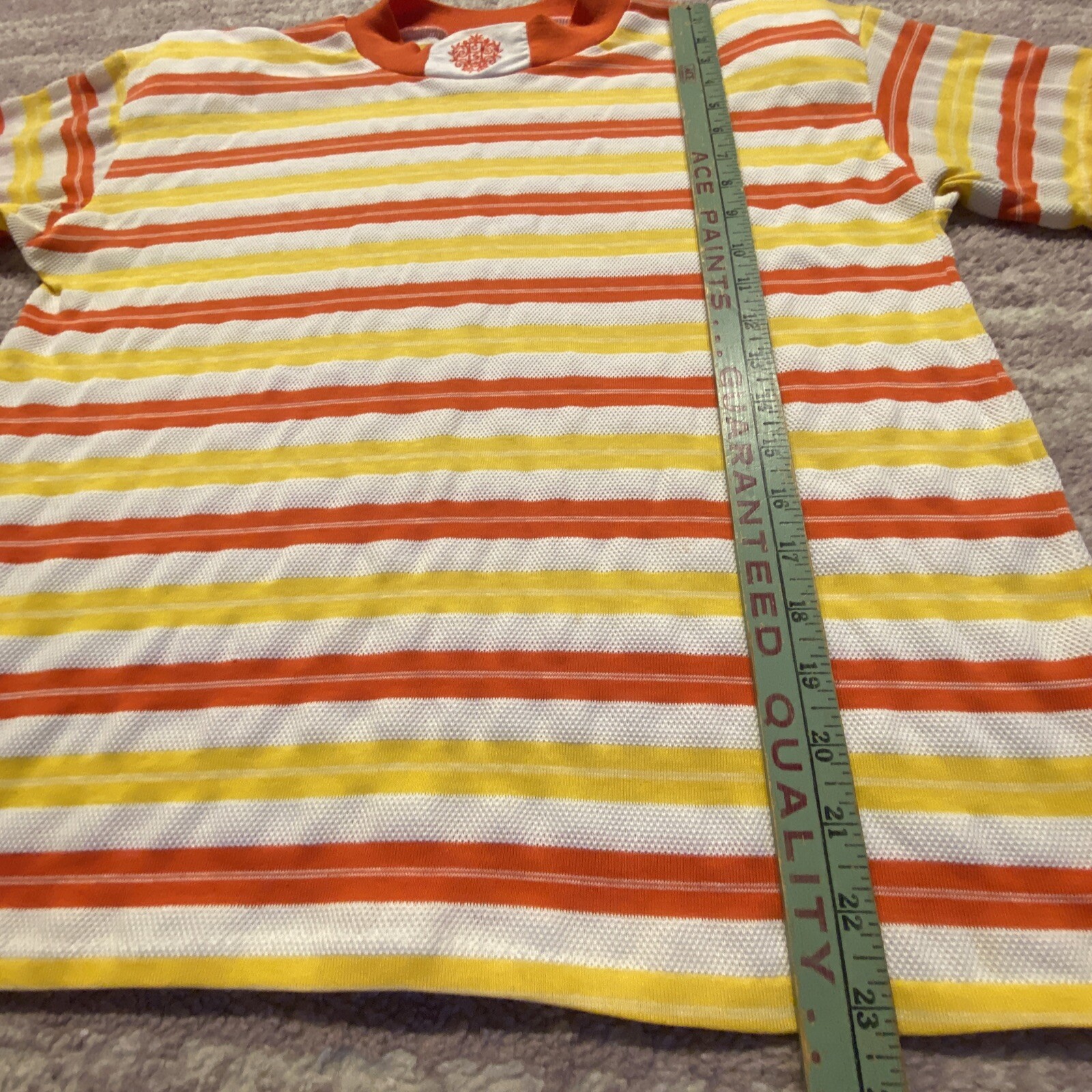 VTG Cristin Stevens Weave Netting Shirt Orange Yellow Shoulder Pads Stripe L EUC