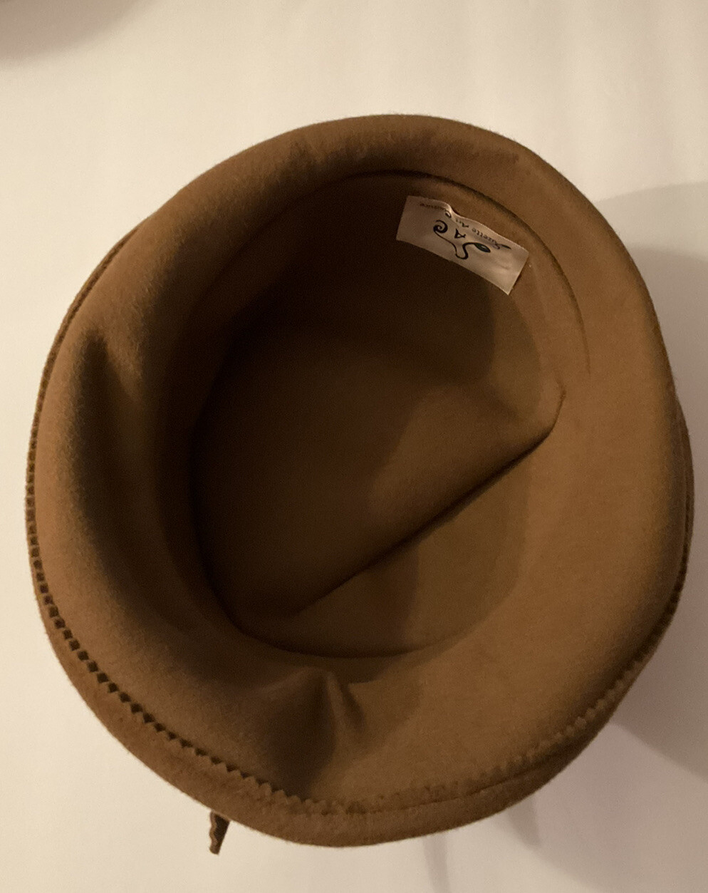 Hat Fedora style by Suzette Art Couture Wool EUC Taupe Tan Beaded