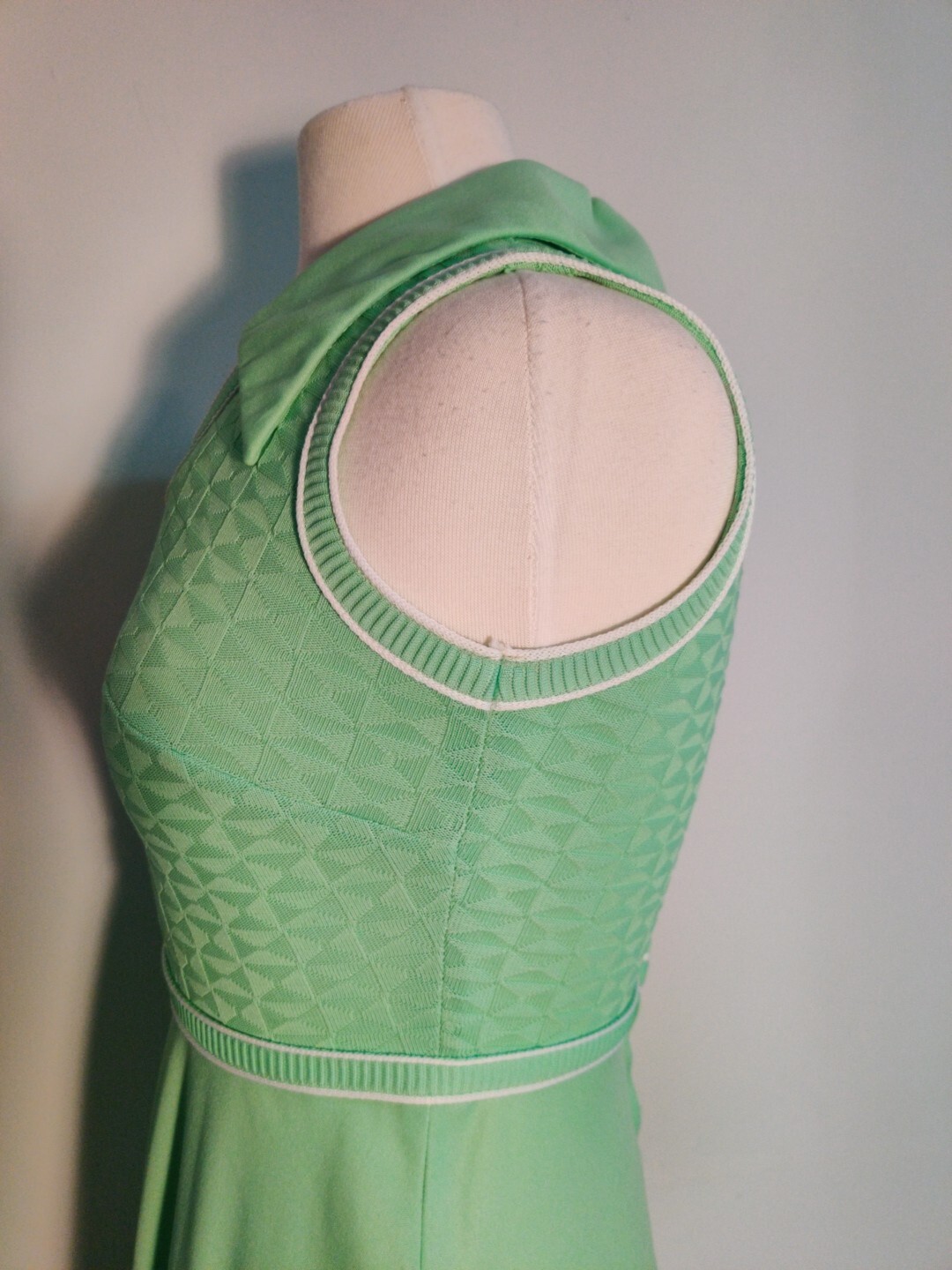 Vintage 60s 70s Maxi Hostess Dress Sz Small White Mint Green V-neck Collar