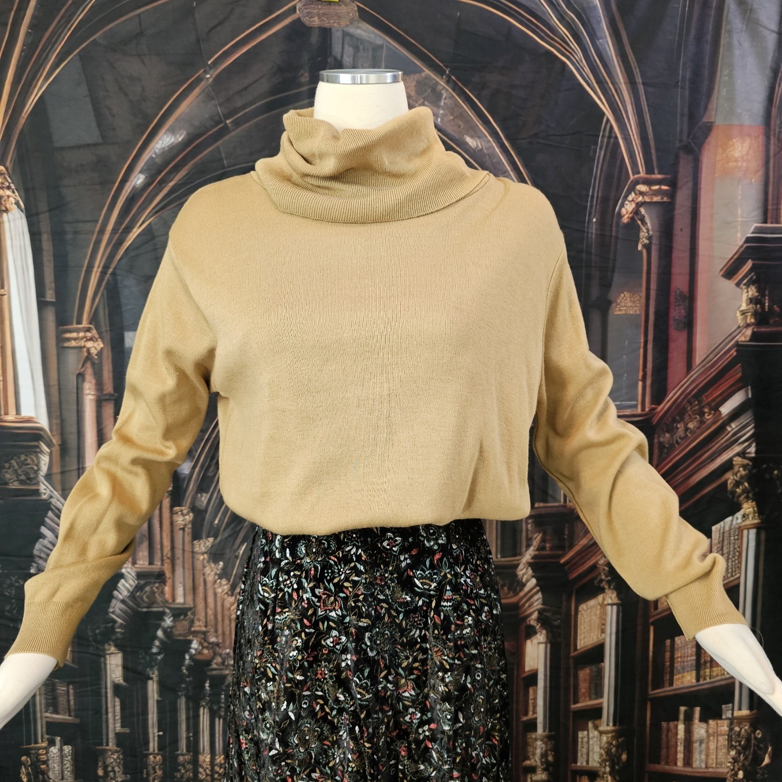 Vintage 1970s Tan Sweater Pullover Cowl Neck Turtle Neck Long Sleeve Kenneth Too