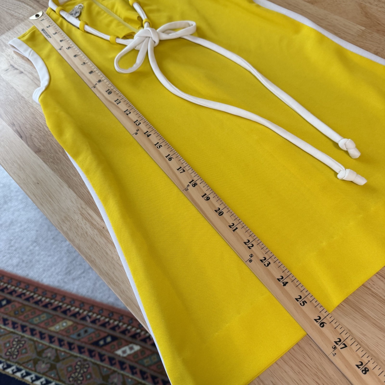 Vintage 60s 70s Eve Le Coq Mod Top Size XS Yellow White Colorblock Tie Neck