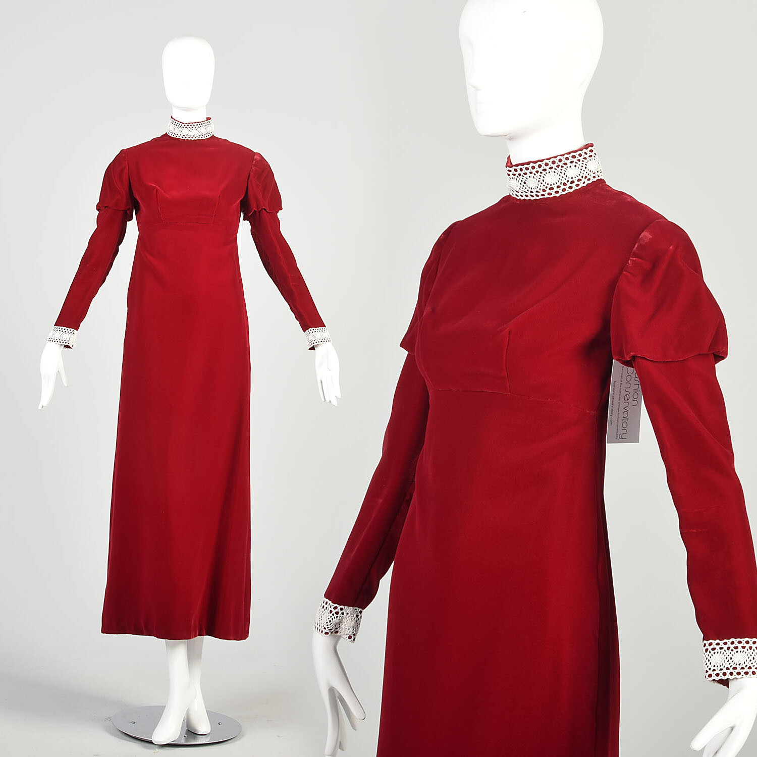 XS 1970s Red Velvet Dress Long Juliet Sleeve Empire Waist Lace Trim Formal Maxi