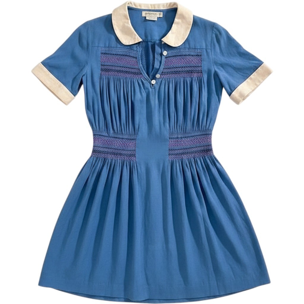 Esmeralda Dress Womens Small Blue Vintage Smocked Embroidered Peter Pan Collar