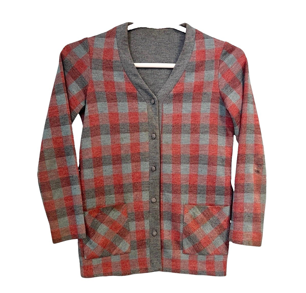 Vintage 50s Wool Plaid Sweater Jacket Cardigan Red Gray Button Workwear USA