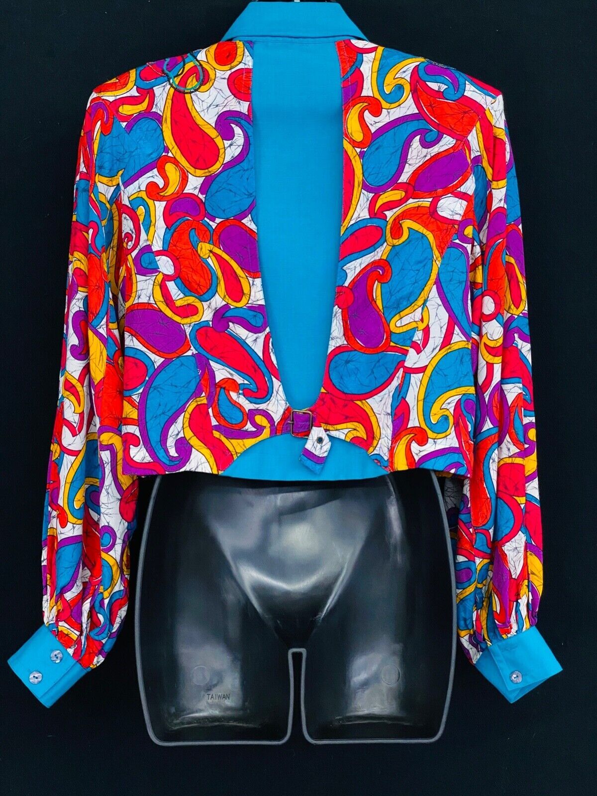 Vintage 1980s colorful crop jacket silk beaded teal oversized lantern sleeve top