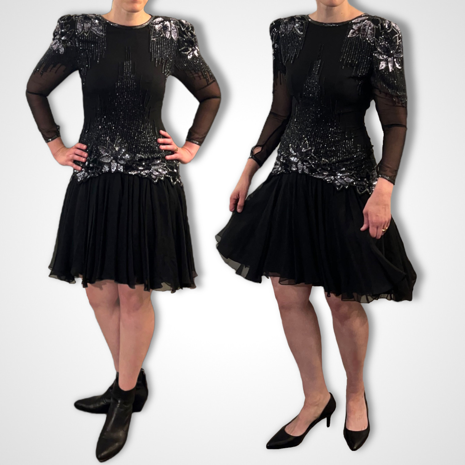 Sequined Beaded Vintage 90s Drop Waist Black Silver Floral Dress Gatsby 20s Para