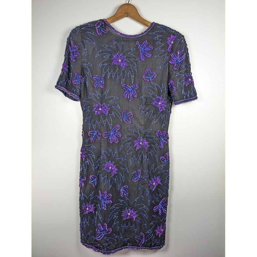Vintage 90s 100% Silk Beaded Sequin Dress Size 8 Knee Length Glam Fireworks Prom