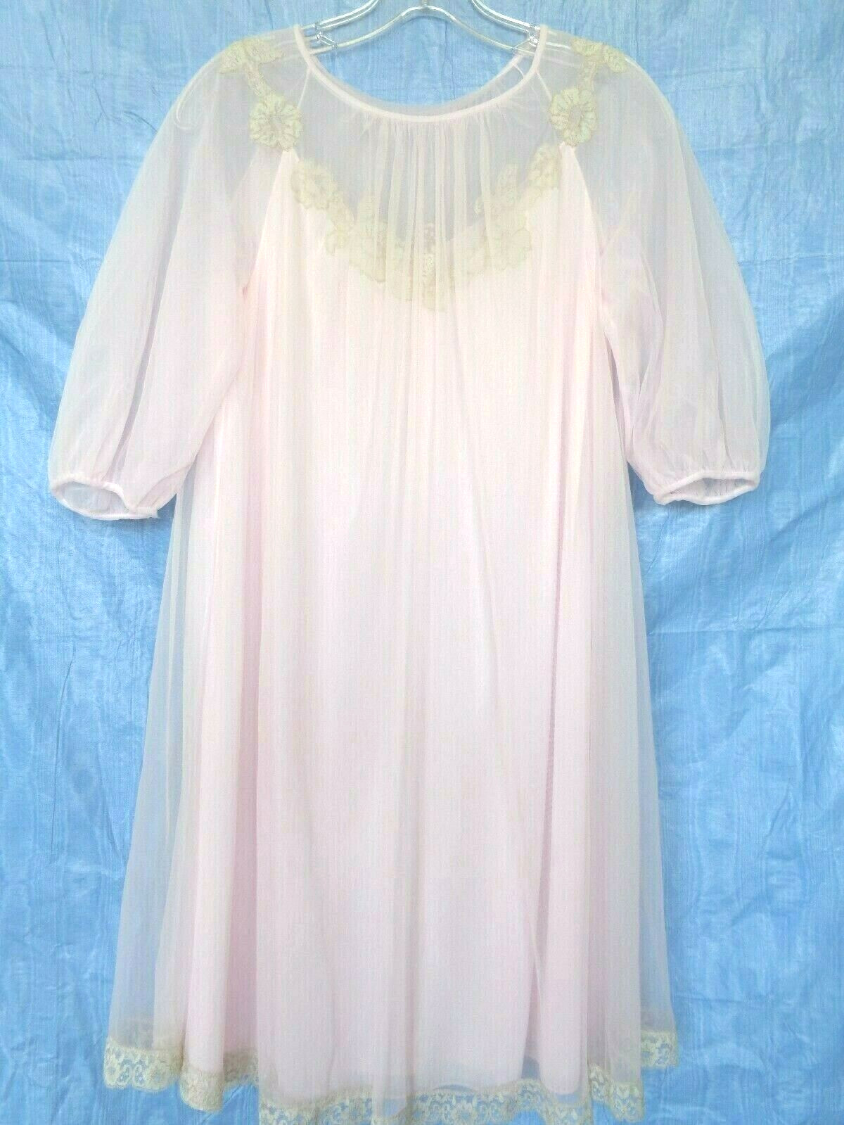 Vintage VAN ROALTE P S Layer Nightie Pink Nightgown Lace Flowers 38″ bust Petite