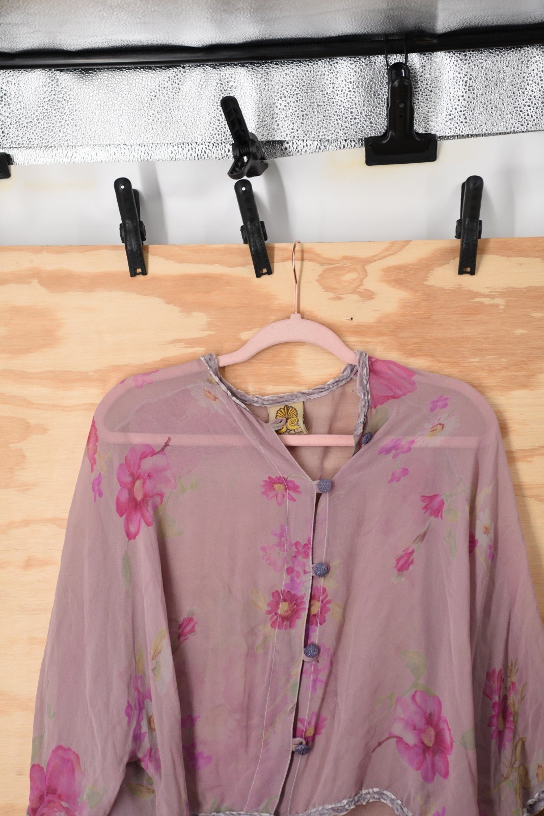 Vintage URU Kristine St Rrik Silk Floral Chiffon Velvet Trim RARE! Button Shirt