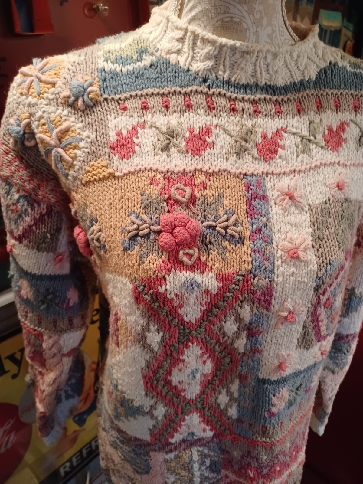 Vintage ’80s ’90s Crystal Colby Sweater Cottagecore 3-D Knit Cotton Unique S