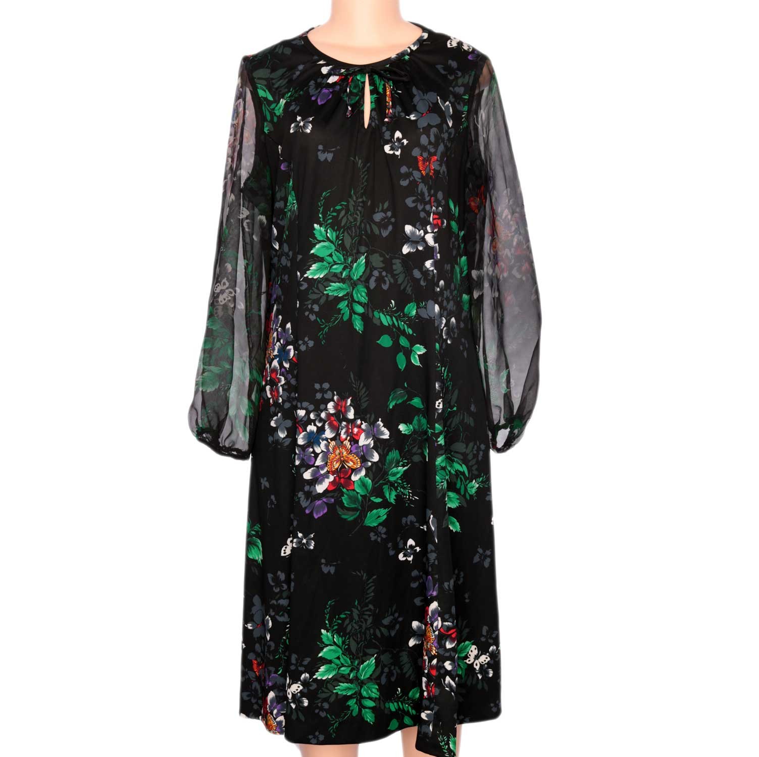 1970s Vintage Dress Black Floral Gothic Green Witchcore Boho Fall Sheer Sleeve L
