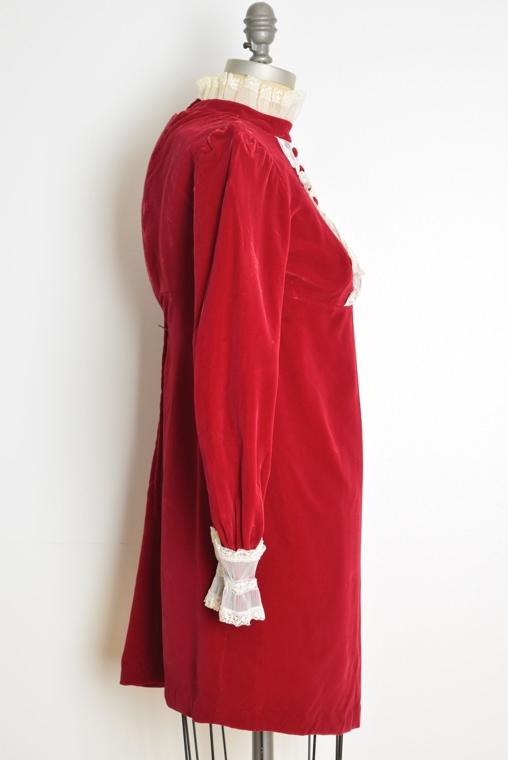 vintage 60s tuxedo dress red velvet puff ruffle babydoll mod twiggy mini XS