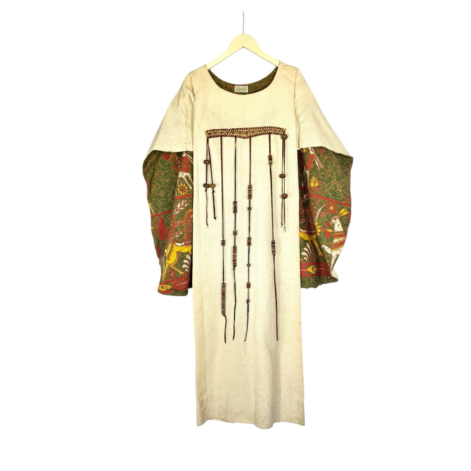 Vintage 1970s Barbara Matamoros Canvas Cape Dress African Barkcloth Print