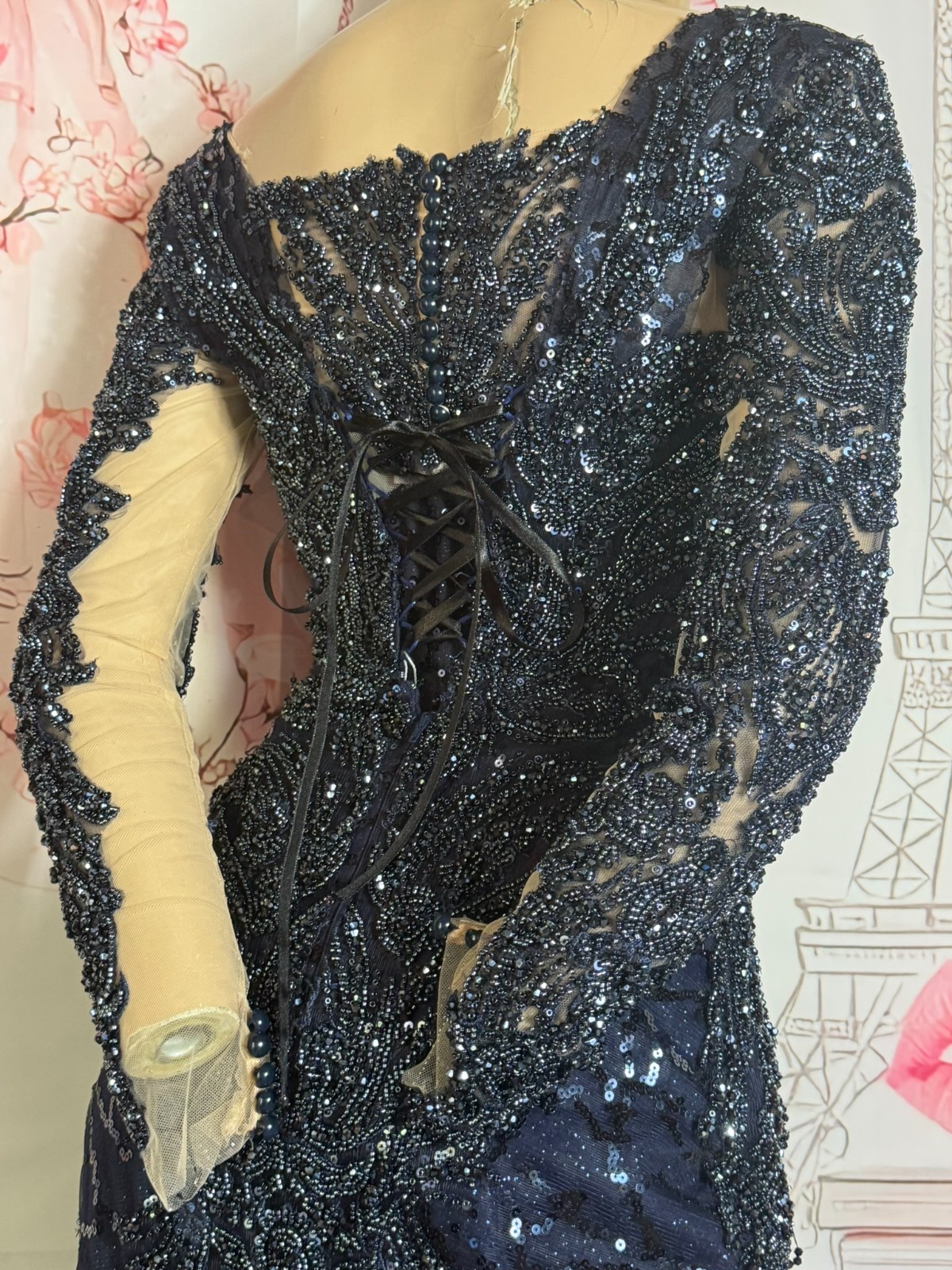Vintage 80s 90s Mermaid Dress Gothic Wedding Beaded Evening Gown Train 32 34