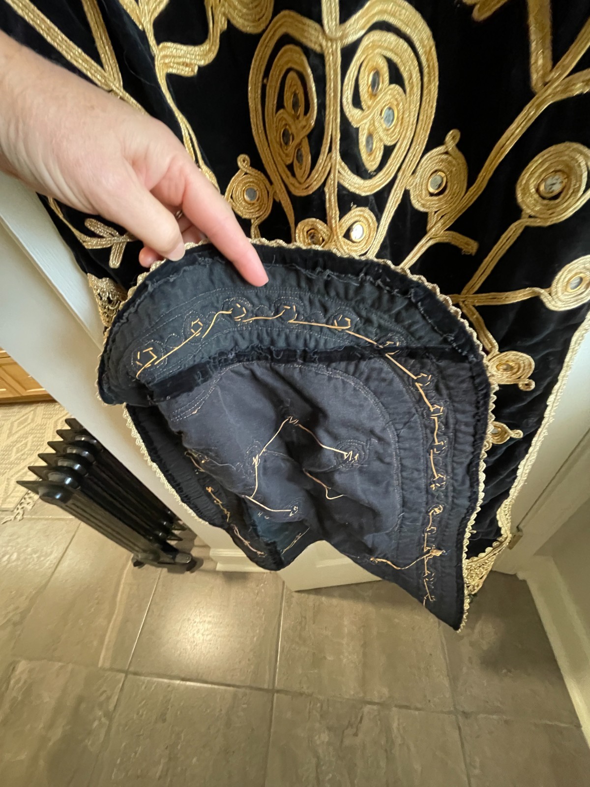 Vintage Black Velvet Dress with Mirrors and Gold Brocade Embellishments