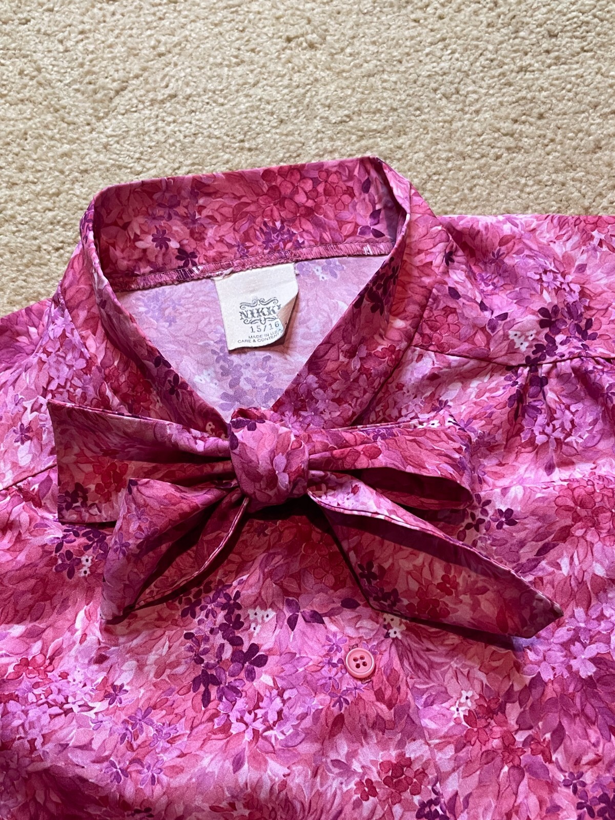 Vintage 60s 70s Nikki USA Pink Floral Scarf Tie Bow Neck Blouse Shirt Top M/L