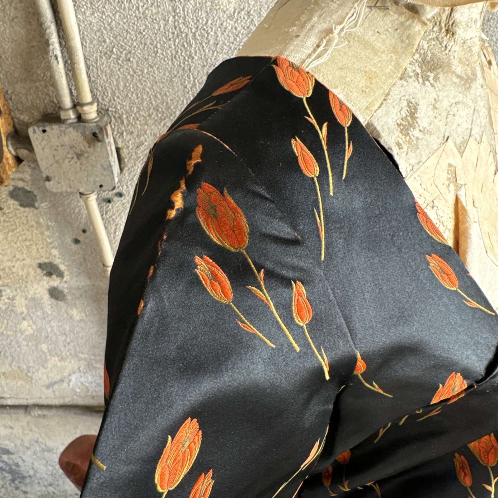 Antique 1920s Orange Tulip Silk Brocade Dress 1890s Fabric Full Length Vintage