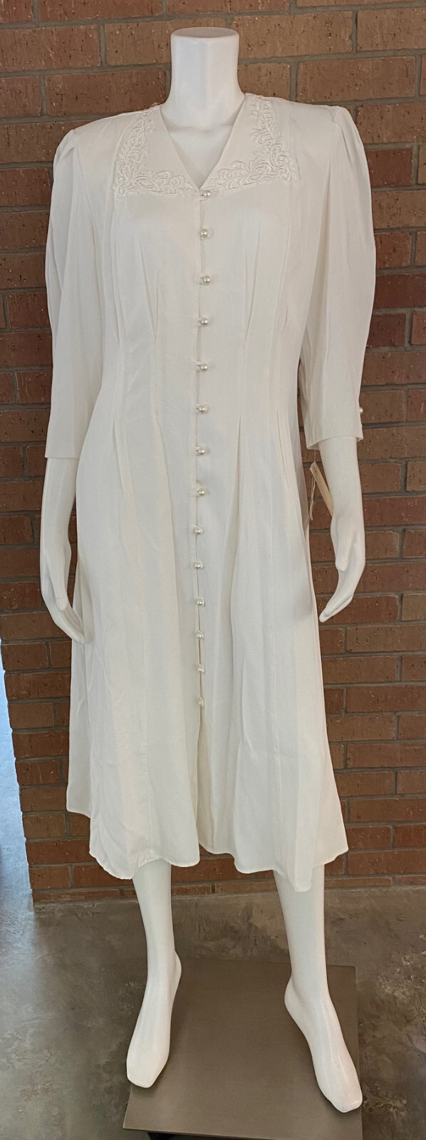 Womens VINTAGE TINA BARRIE MIDI DRESS Button Front LACE APPLIQUE White NEW 11-12