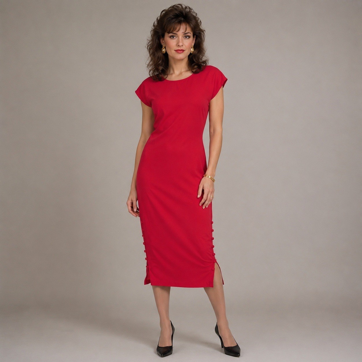 Vintage Switch USA Red Rayon Sheath Dress Midi Short Sleeve Made in USA Size 9