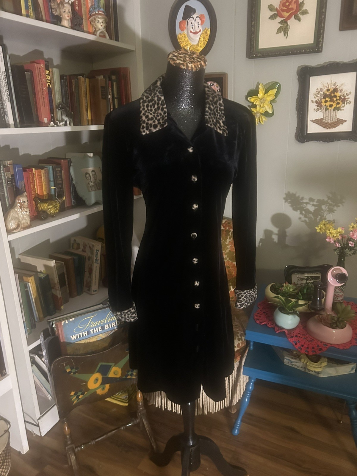 Vtg Black Velvet Leopard Retro Mod 90s Goth Punk Cheetah Sexy Jacket Dress Y2K