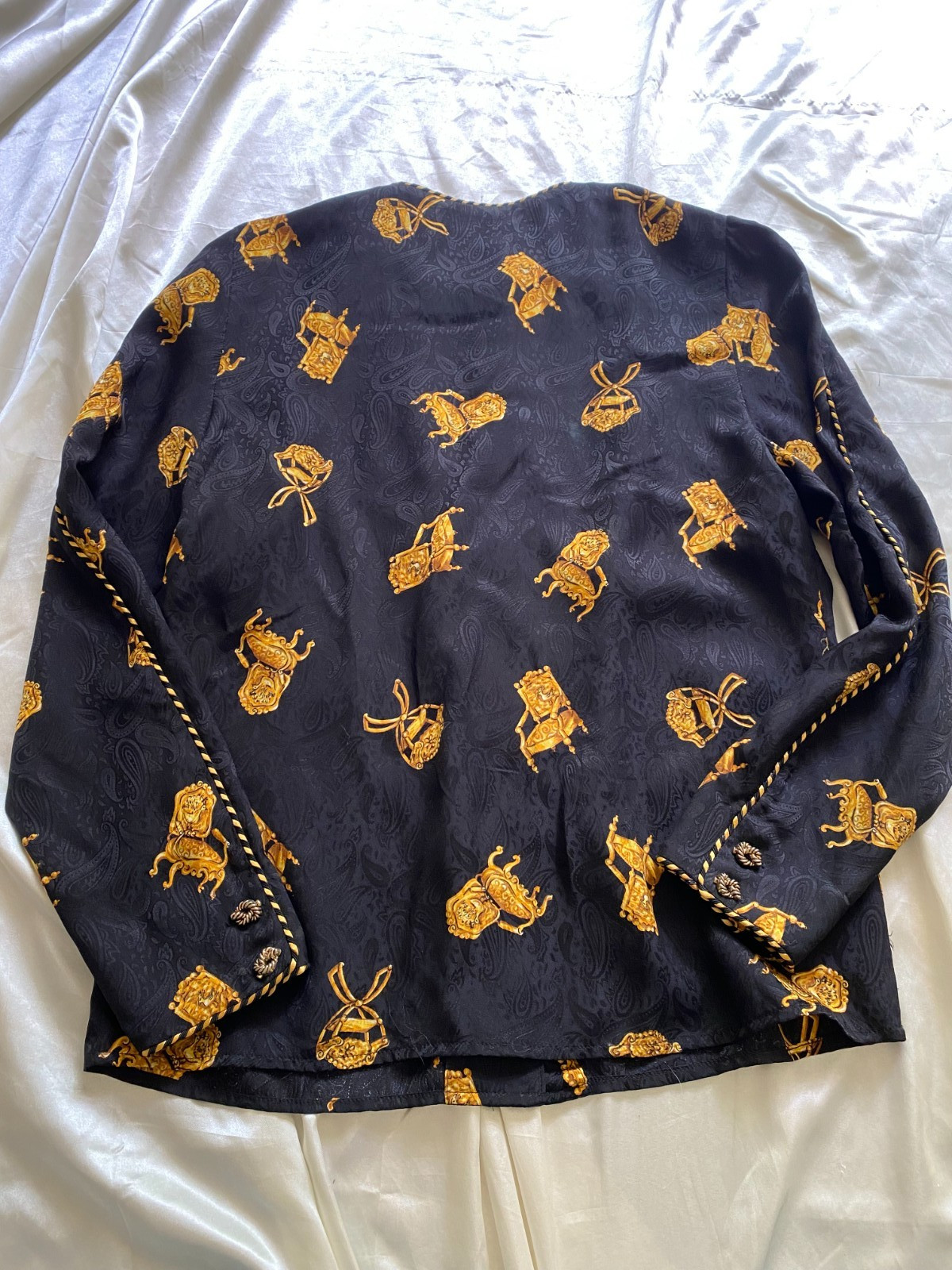 Vintage 1990s 100% Silk Baroque Chair Black Gold Novelty Blouse Size 6
