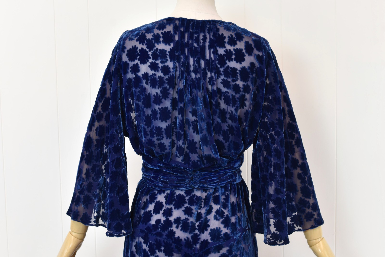 Antique 1930s Blue Devore Burnout Velvet Floral Art Deco Sheer Dress Larger Size