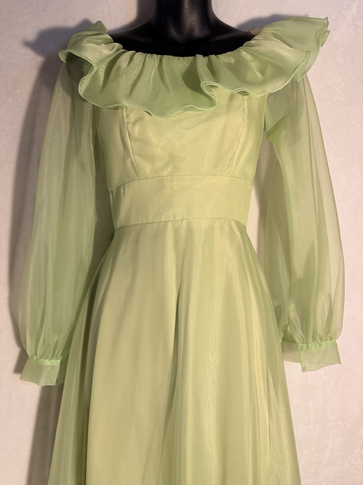 Vtg Mint Green Puffy Long Sleeve Maxi Cottagecore Prairie Ruffles Rare Dress