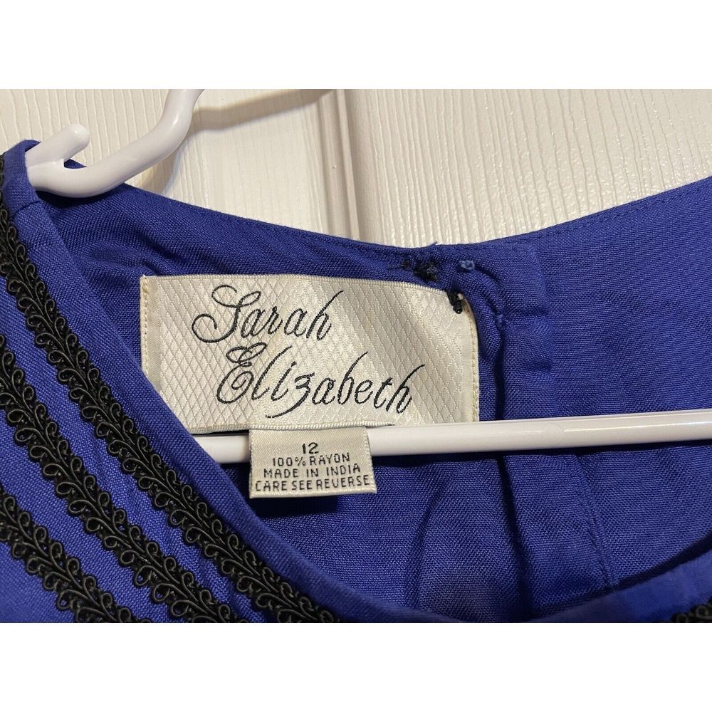 Vtg Sarah Elizabeth Sapphire Blue Long Dress Black Cord Detail Button Back Sz 12