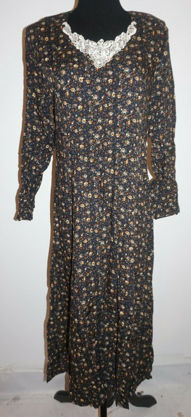 VTG 1990s Bonnie Evans Floral Print Modest Lace Up Back Long Sleeve Dress Sz M