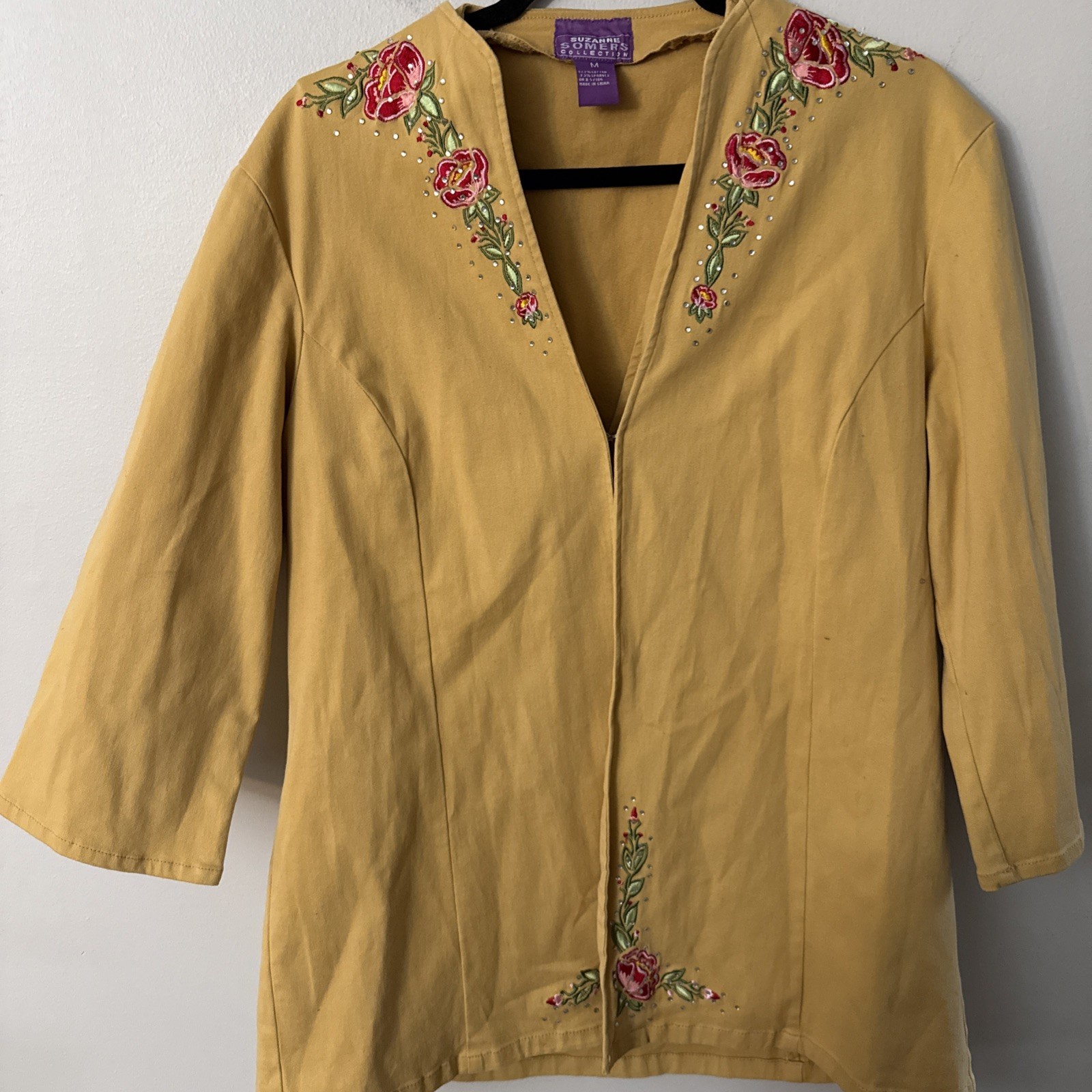 VTG Suzanne Somers 3 Piece Jacket Vest Pants Mustard Yellow Floral Embroidered
