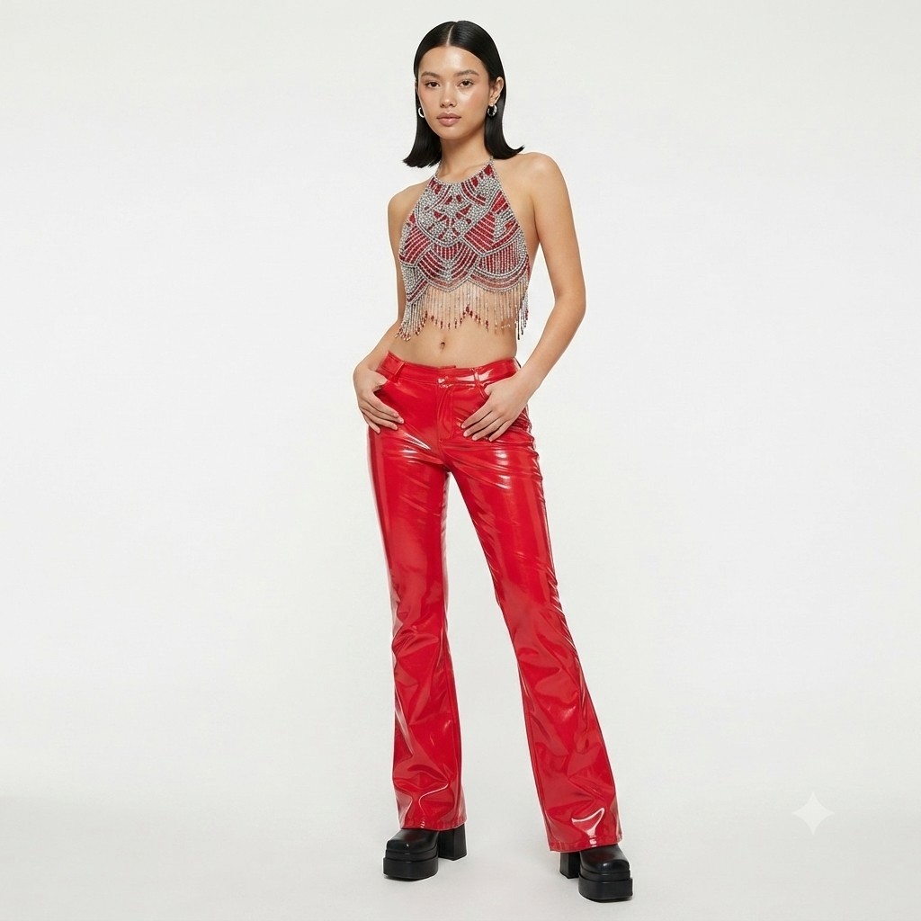 Y2K Red Vinyl Flared Low Rise Pants S Cyberpunk Rave Festival Sexy Vamp BDSM Vtg