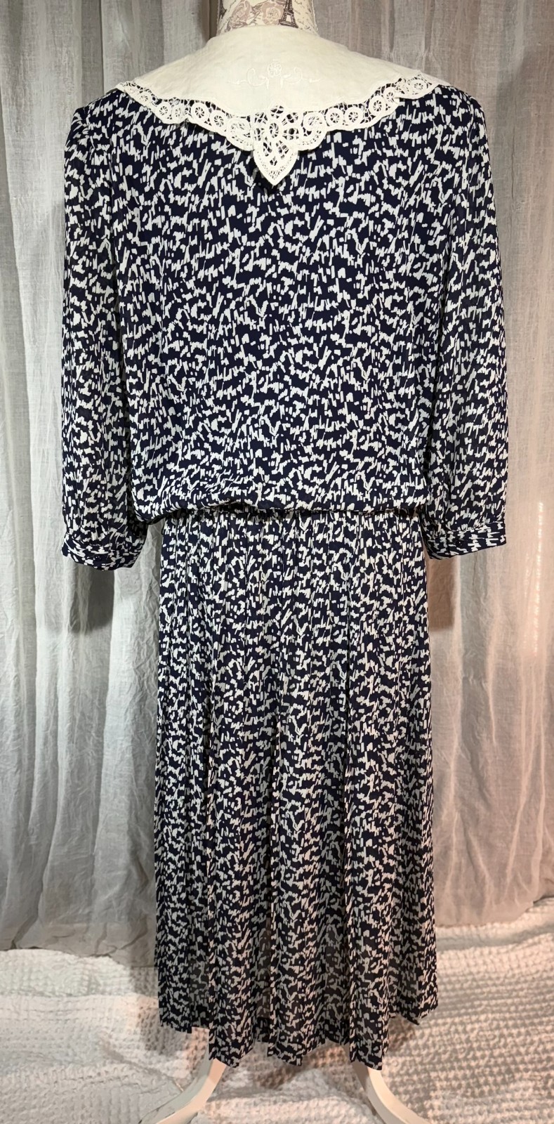 Vintage 80s Liz Roberts MIDI Shirt Dress Lace COLLAR Oversize Secretary Grandma