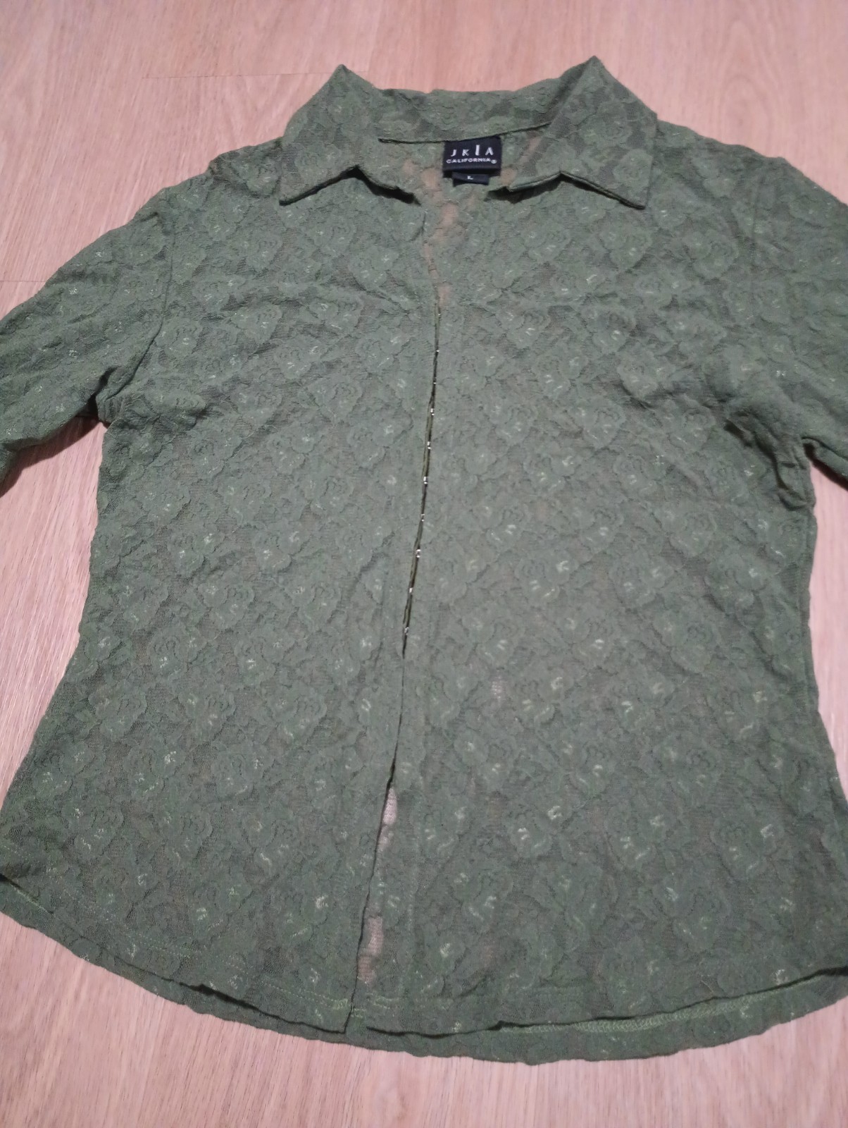 Vtg Y2K JKLA CALIFORNIA Olive Army Green Stretch Rose Floral Lace Sheer Top L