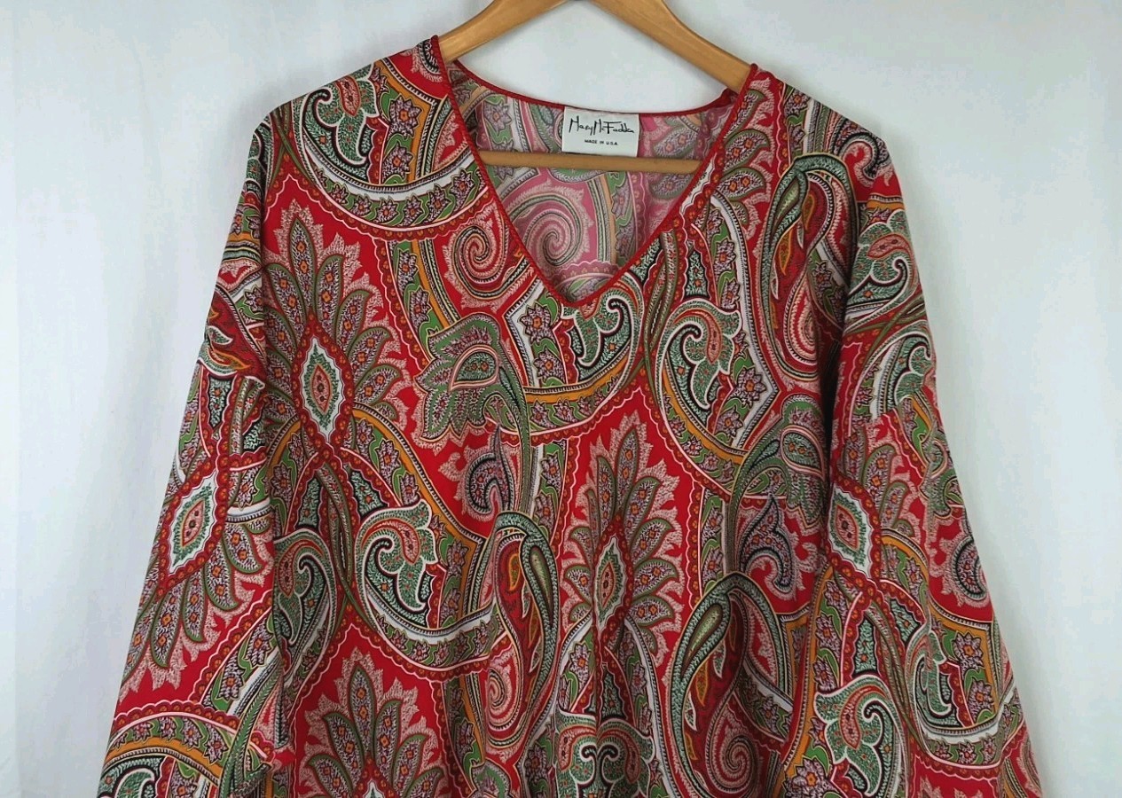 Vintage Mary McFadden V Neck Red Paisley Caftan House Dress One Size