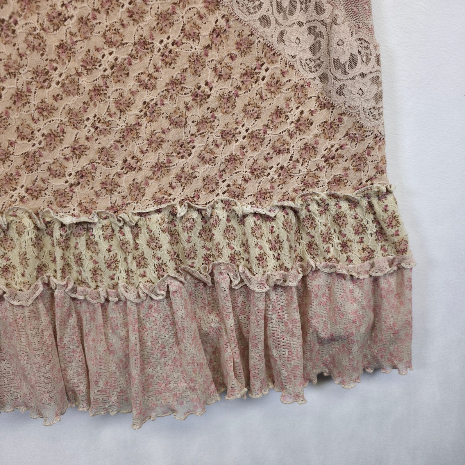 Floral Patchwork Lace Boho Skirt Womens M Pink Cottagecore Coquette Ruffle Y2K