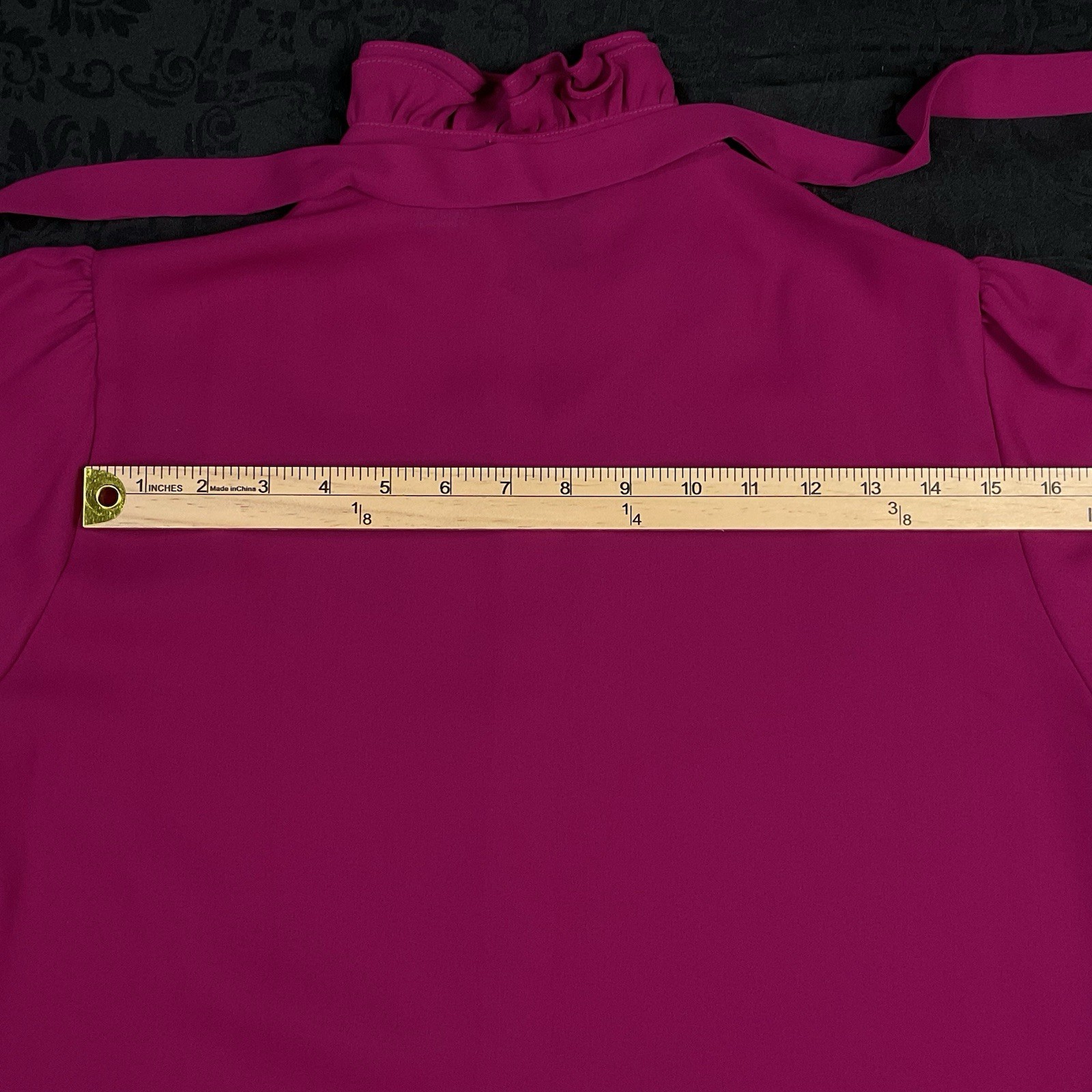 VTG Women’s Sheer Fuchsia Sz. 14 Blouse Ruffle Cuff & Neck With Tie Secretary
