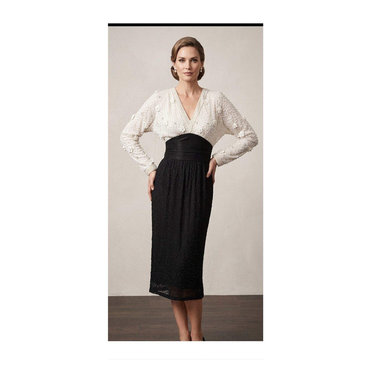 Judith Ann Creations Beaded 100% Pure Silk Black White Cocktail Dress Size M