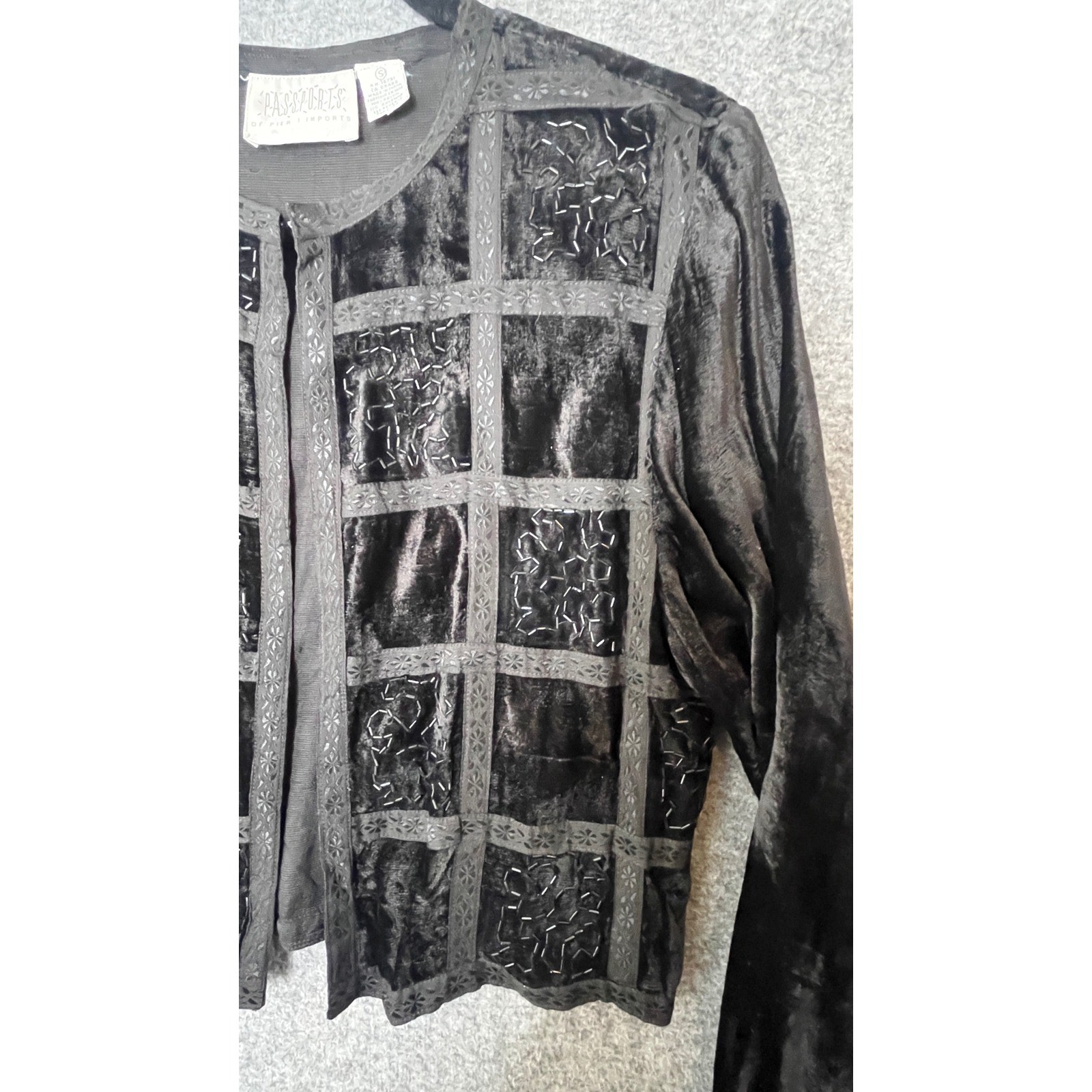 Passports Black Velvet Beaded Cropped Jacket Vintage 90s Whimsigoth Victorian S
