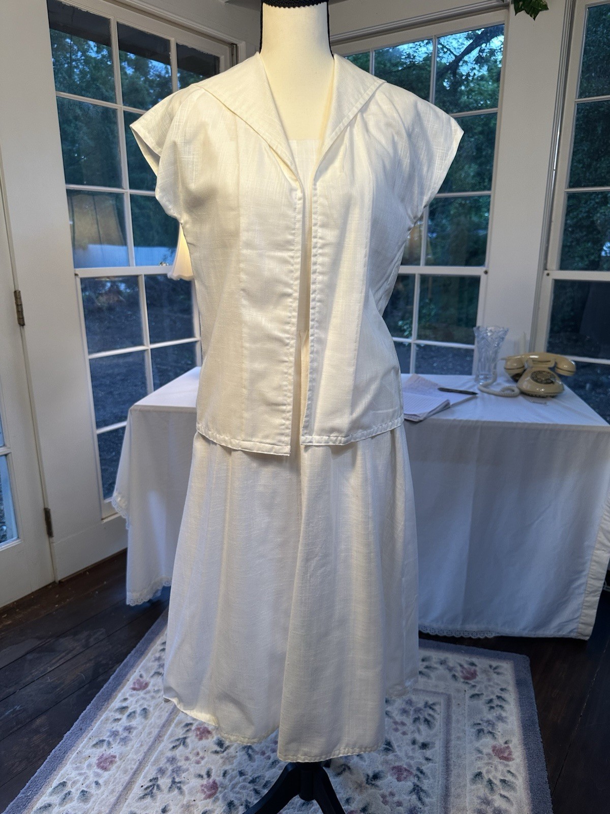 Vintage 50s Off-White Eggshell Swing Dress With Jacket Princess Bodice Small