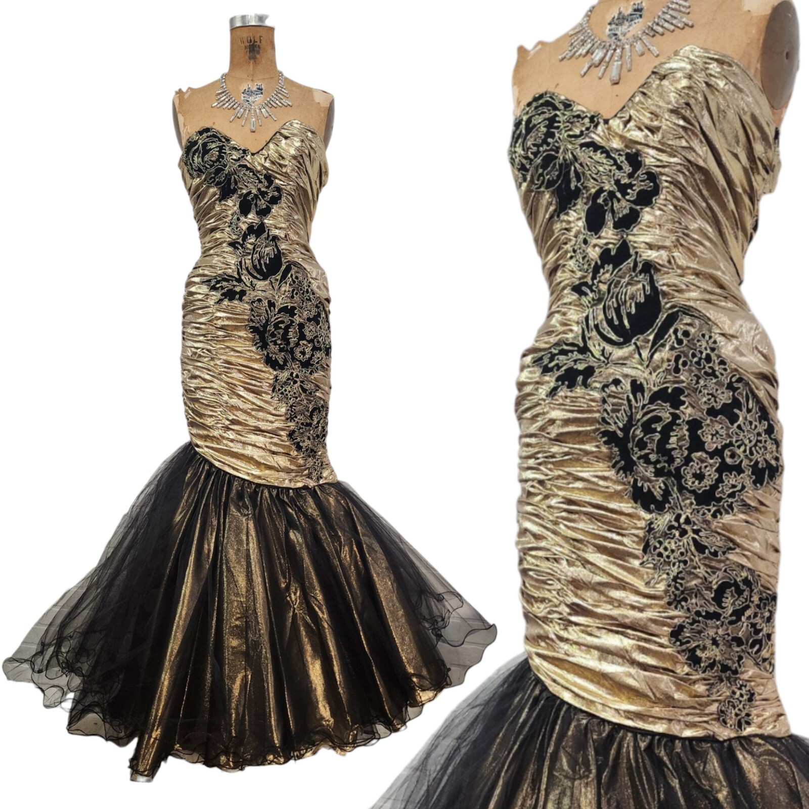 Vtg 80s Prom Dress XS/S Mermaid Gold Lame Metallic Ruched Pageant Gown New