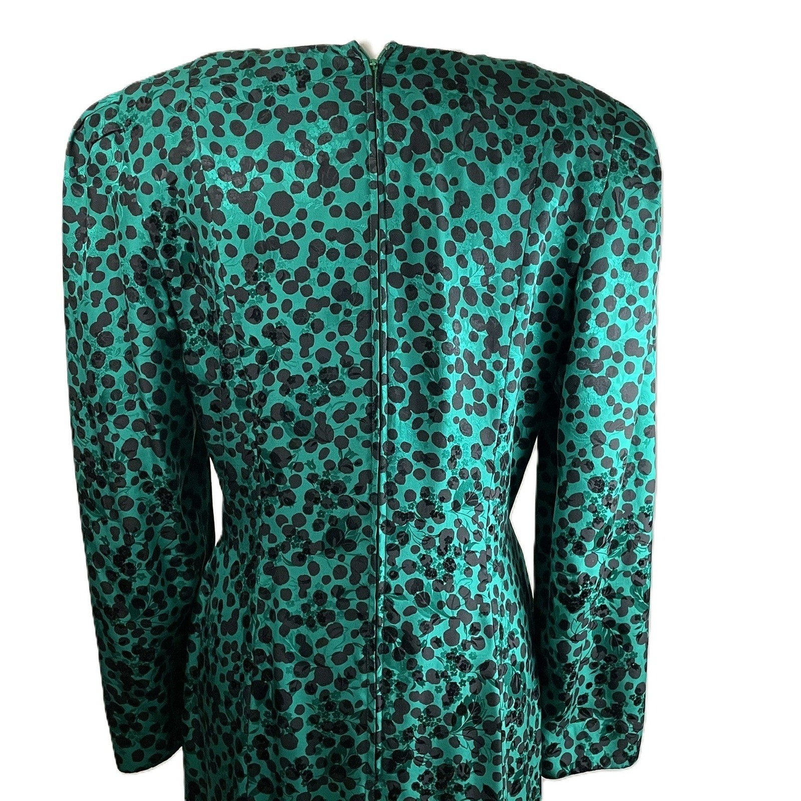 VTG Maggy London Sz 8 Green Black Polka Dot 100% Silk Dress Pleated Ruffle Hem