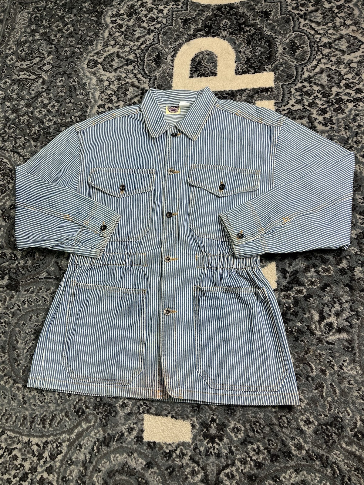 Vintage 1980s Women Hickory Stripe Denim Chore Jacket Made In USA Size Small