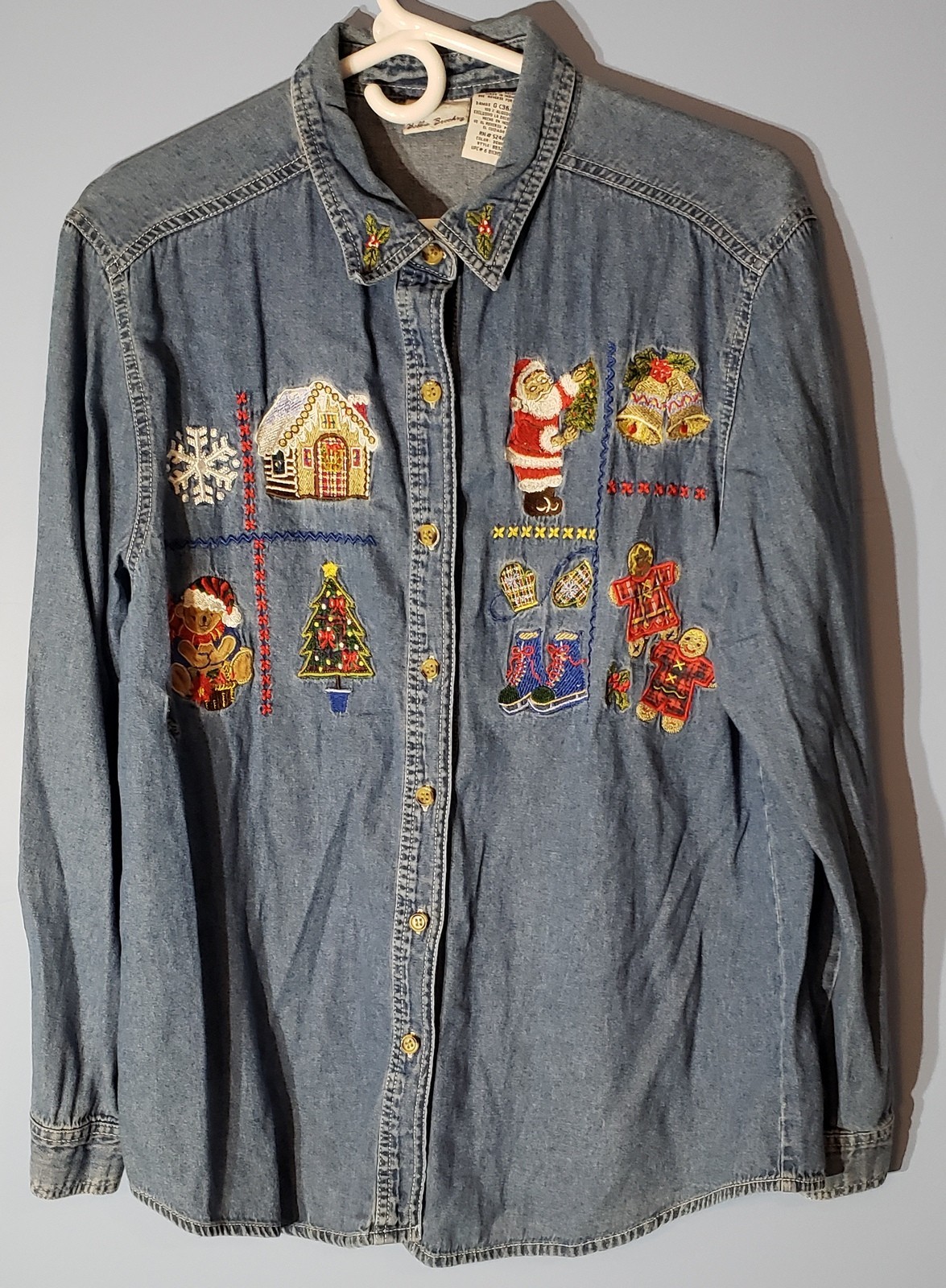 Vintage Bobbie Brooks Christmas Shirt Womens Large Denim Embroidered Tree Santa