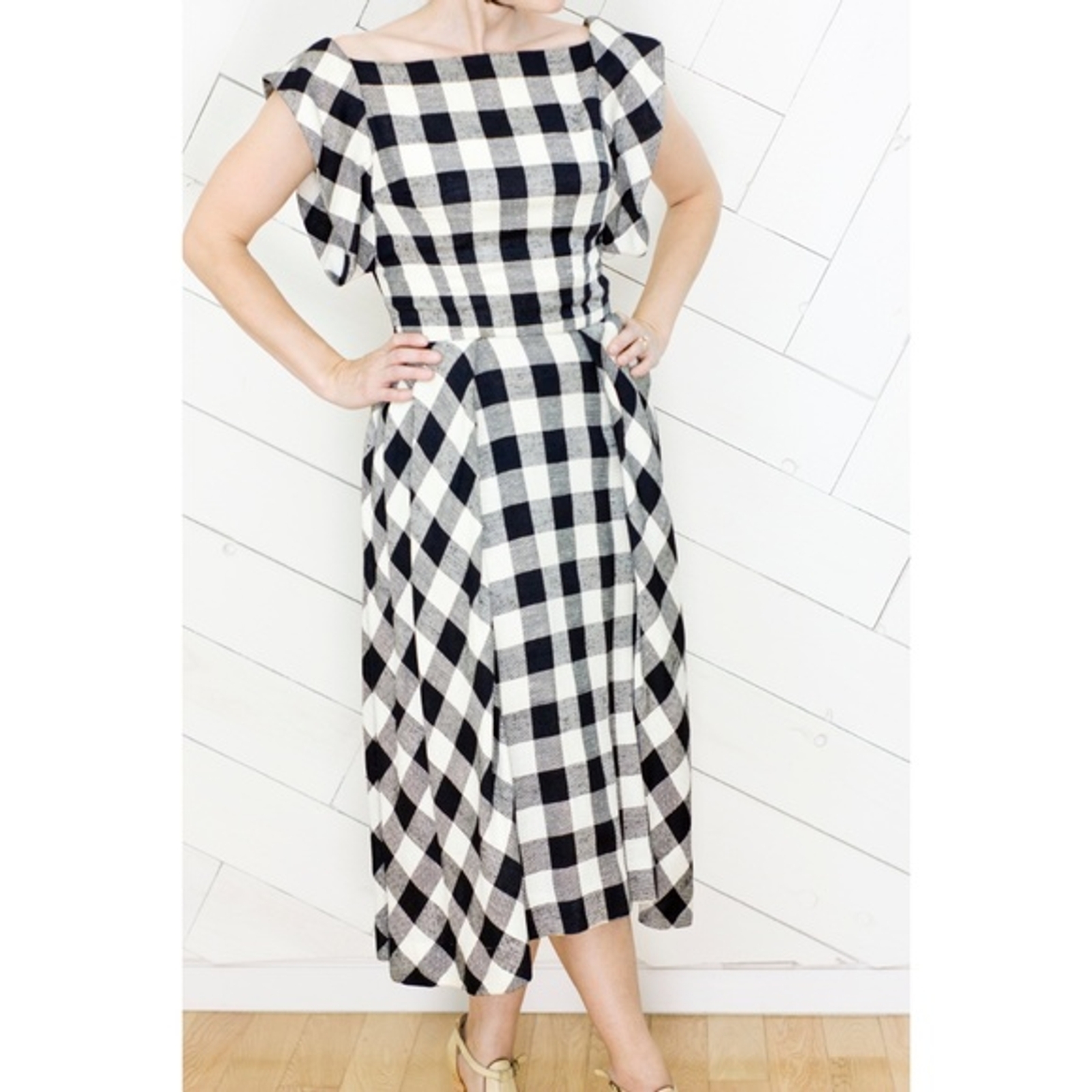 Vtg White Black Checkered Dress Statement Sleeves