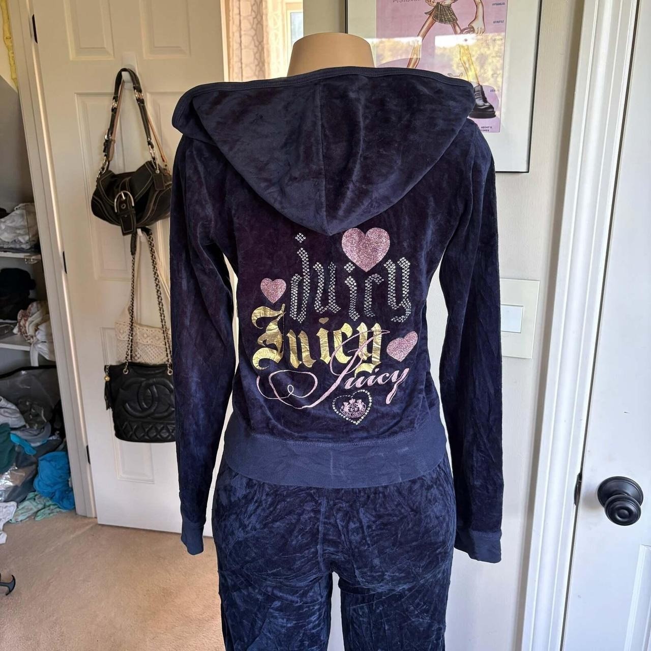 Vintage Juicy Couture Y2K Logo Navy Blue Velour Tracksuit Set 2-piece size M