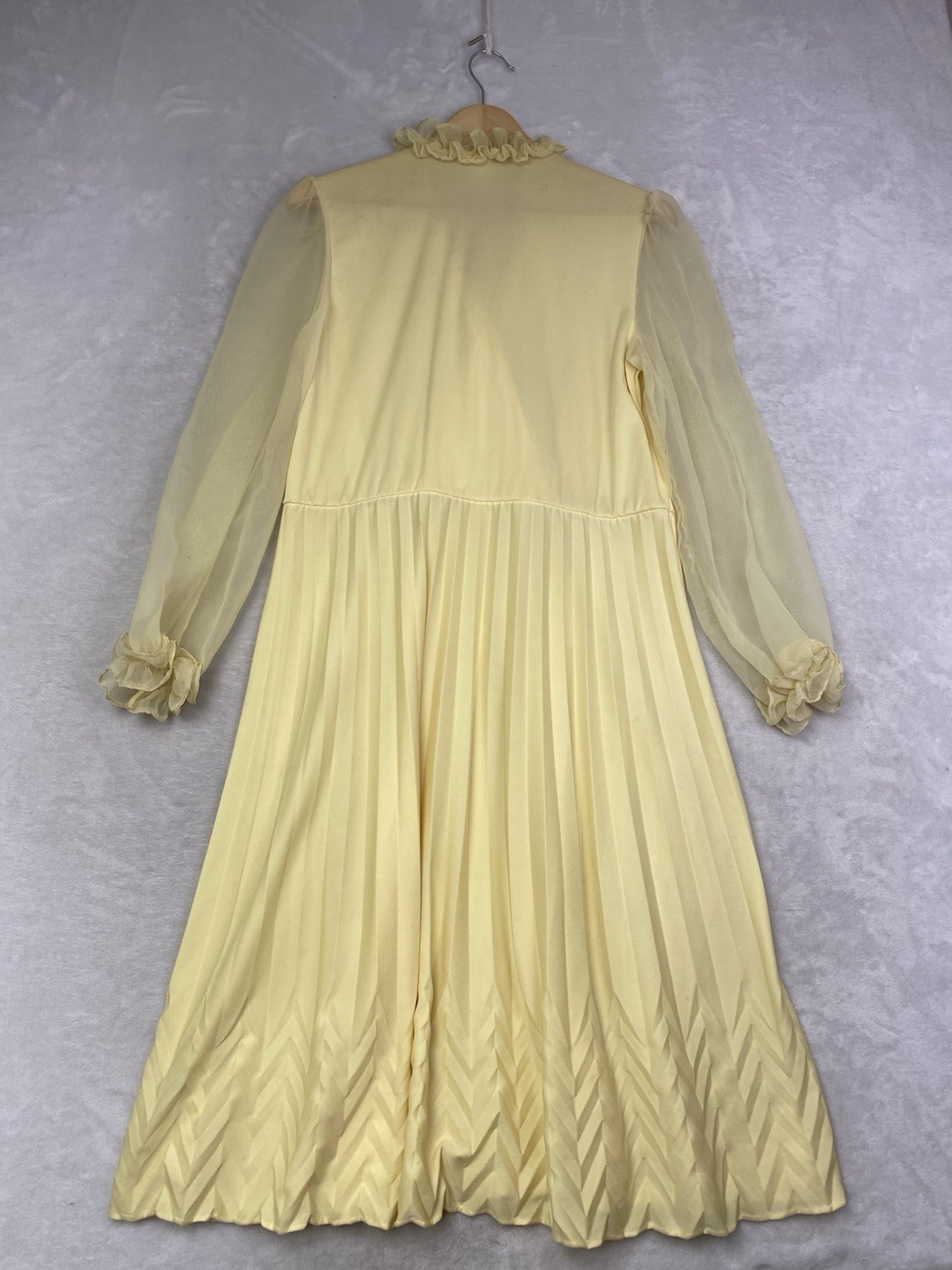 True Vintage 70s Yellow Chiffon Pleated Dress Ruffle Trim Sheer Sleeves USA Made