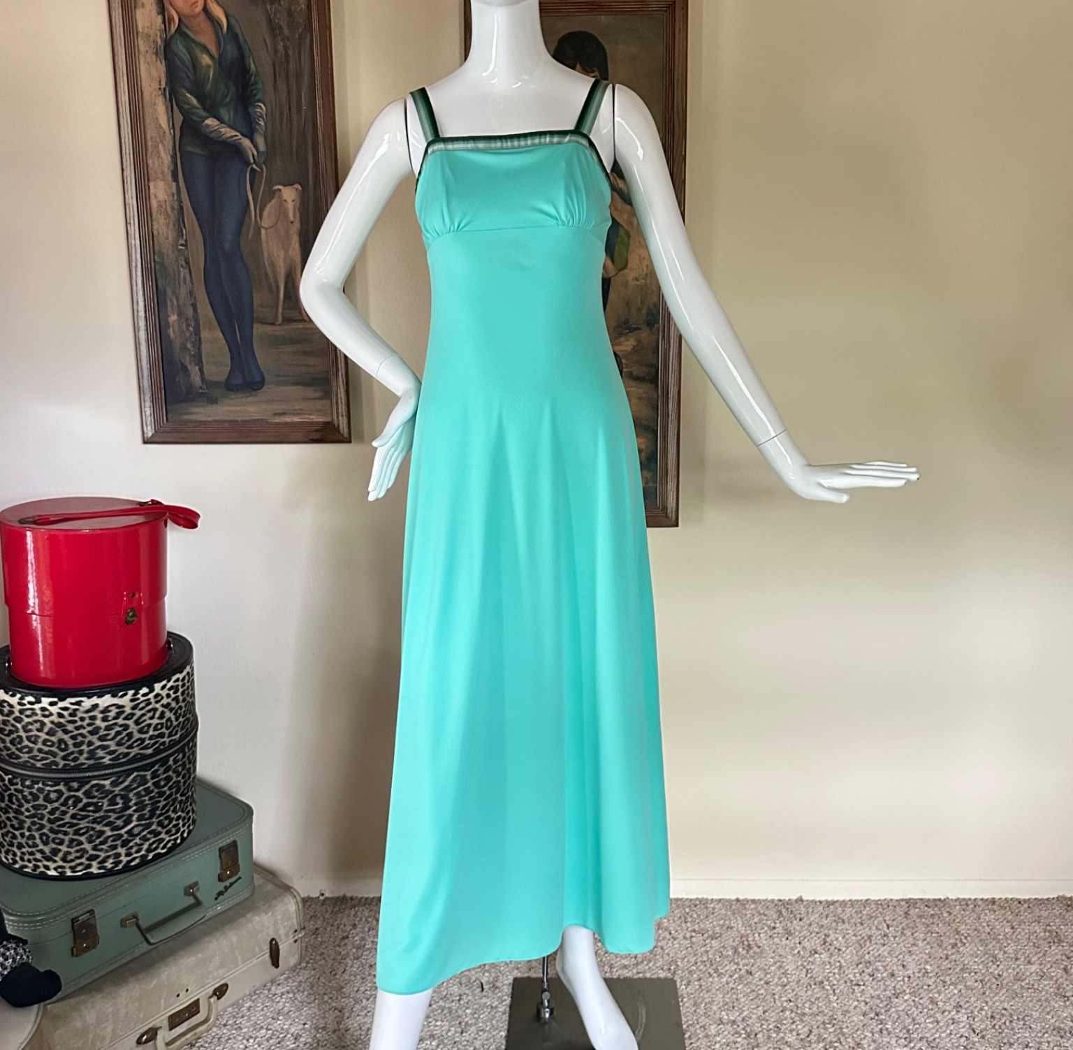 Vintage 1970s Aqua Empire Waist Ribbon Straps Boho Maxi Slip Sun Dress XS/S