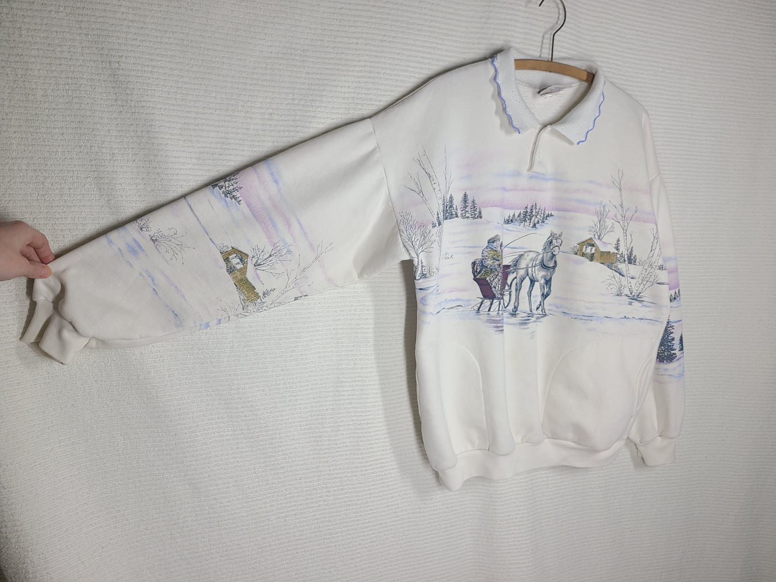 Art Unlimited 1990s Sweatshirt All Over Print Large Crochet Collar Grandma Slay